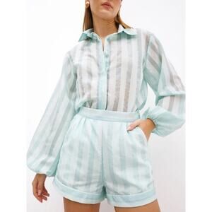 NWT Vita Grace Reina Stripe Day Blouse Front Pocket Shorts Co Ord Aqua Blue M